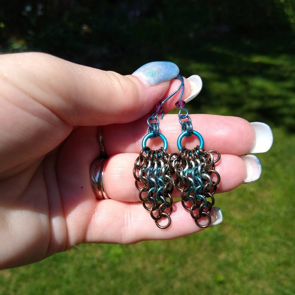 NWOT Earrings! Topaz, Blue, Teal, Enameled Copper, & Niobium Rings, 2.5"